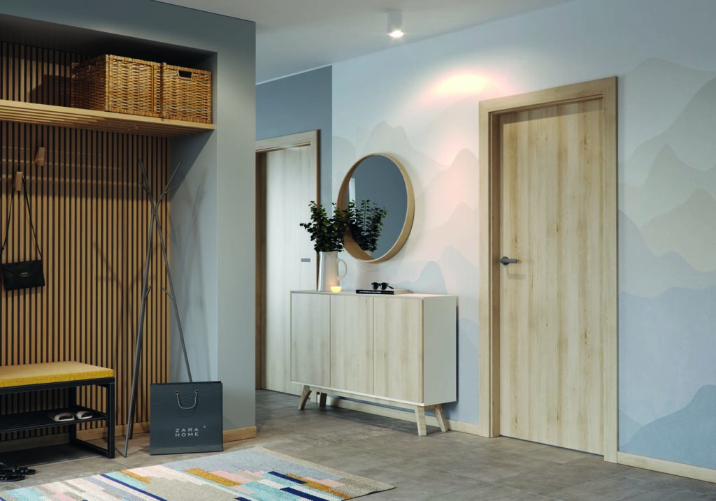 Contemporary wooden interior door with a sleek luxury handle, set in a modern hallway, highlighting high-quality craftsmanship and elegant design for a sophisticated home decor look.