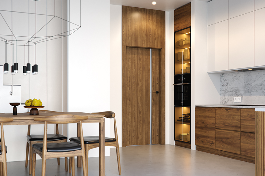 Modern wooden interior door with a sleek black handle, seamlessly integrated into a contemporary kitchen and dining area, showcasing a minimalist design with warm wood accents and elegant finishes.