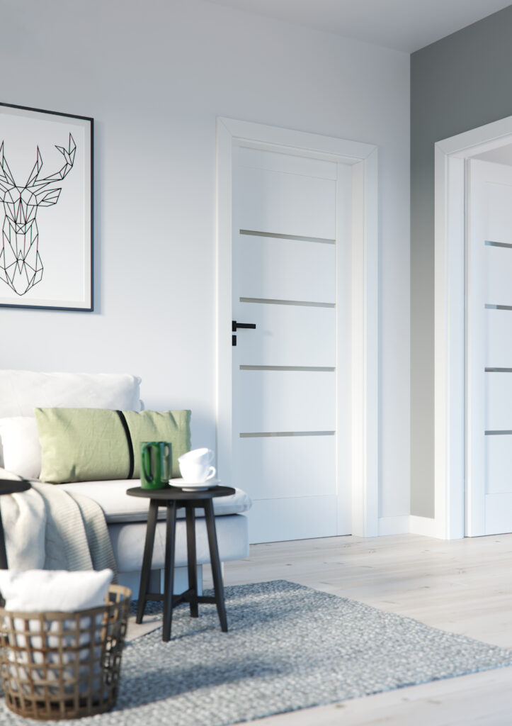 Modern white interior door with sleek horizontal glass inserts and a stylish black luxury handle, set in a contemporary living room, highlighting minimalist design and high-end door hardware for an elegant home upgrade.