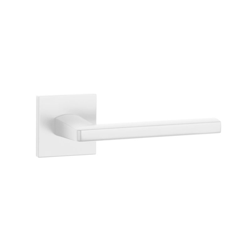 Elevate your interior with the Pyrola handle in matt white by Tev Handles, offering a modern design with a square rosette for premium doors.