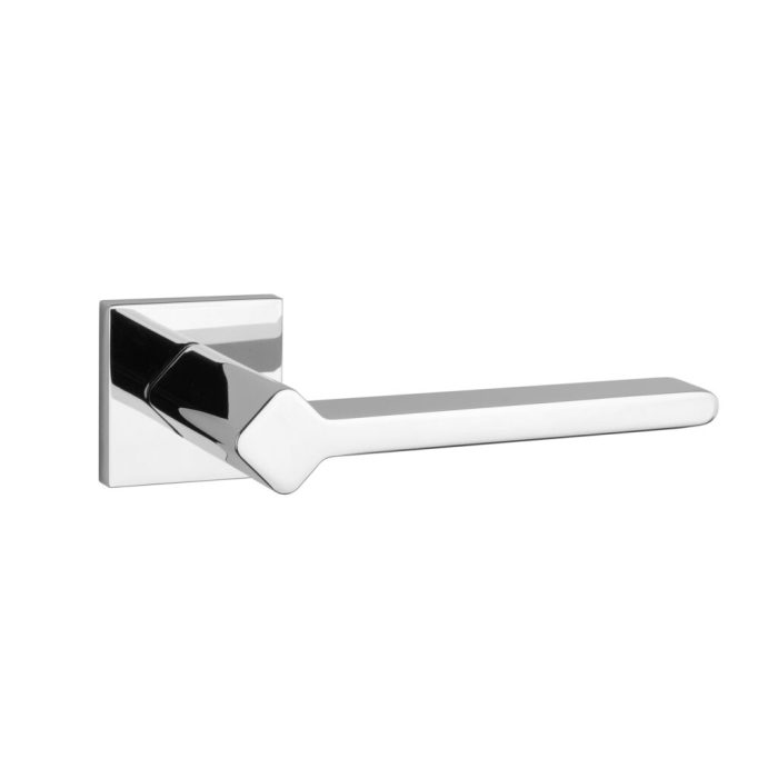 The Ninfea handle by Aprile, distributed by Tev Handles, adds modern luxury with a polished chrome finish and square rosette design.