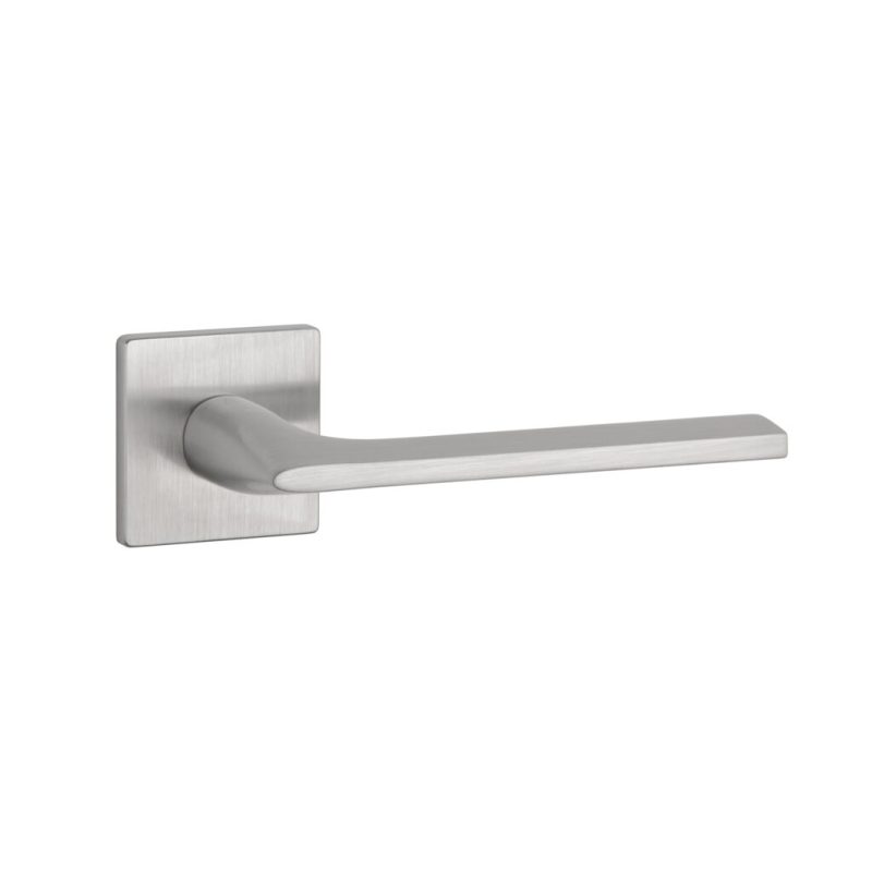 Tev Handles' Salvia handle in brushed chrome provides a luxurious, minimalist look with a slim square rosette for stylish indoor spaces.