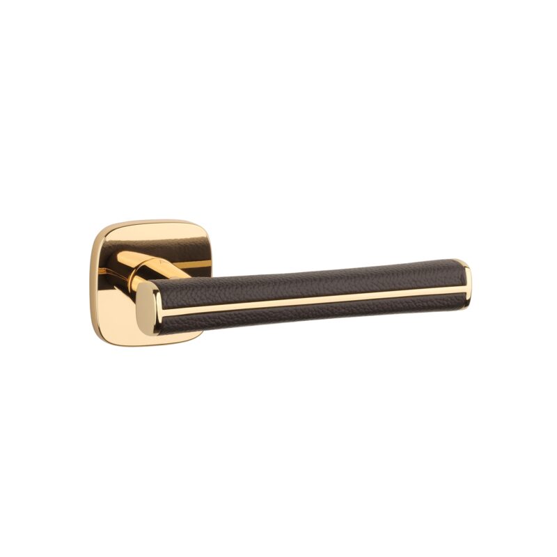 Experience premium design with the polished gold Davidia handle and brown leather on a square rounded rose—ideal for luxury indoor doors.