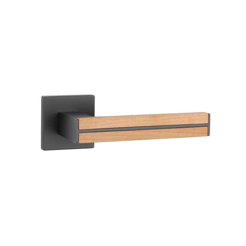 Tev Handles' Imperata handle in matt black with oak wood on a square rosette adds modern luxury to premium interior door designs.