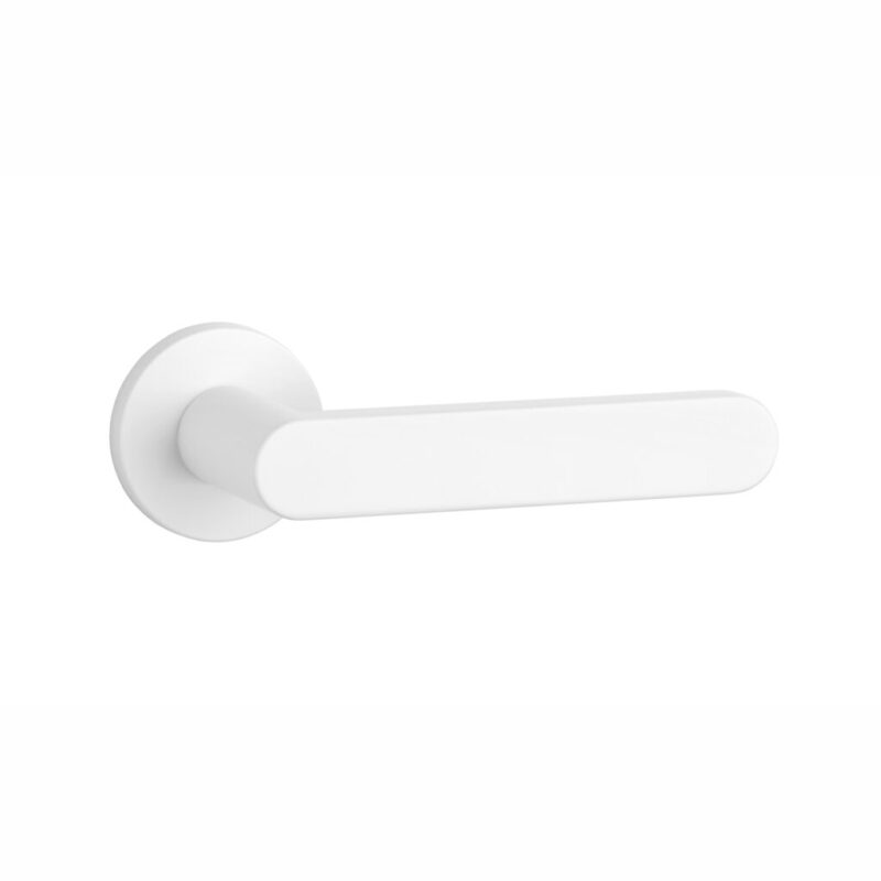 The Alora handle on round rosette in matt white adds a minimalist, modern touch to luxury interiors.