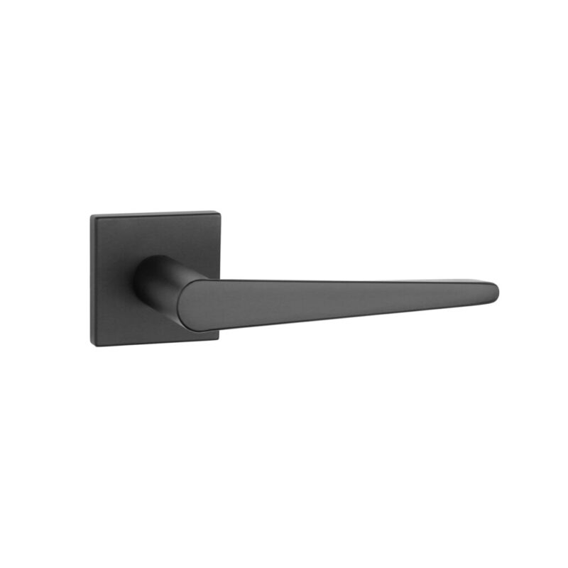 Tev Handles presents the Arnica on Square Rosette by Aprile, a modern matt black door handle designed for luxury indoor spaces and contemporary interiors.