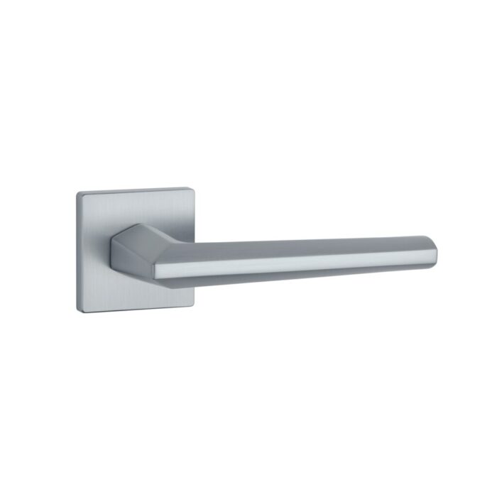 The Jasmina handle in satin chrome on a square rosette offers a sleek, modern look for premium interior door handles.