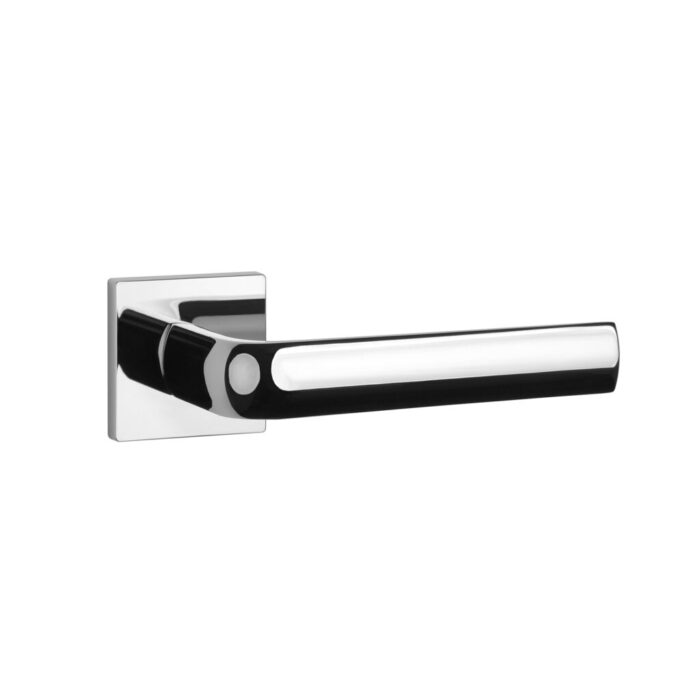 Enhance your modern interior with the Mela handle in polished chrome on a square rosette, blending luxury design with a premium finish.