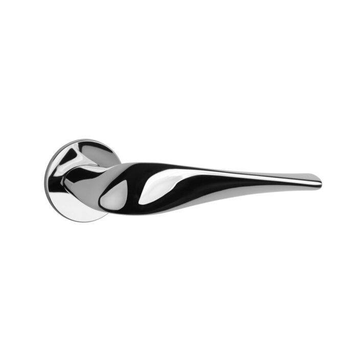 Tev Handles presents the Petunia on Round Rosette by Aprile, a polished chrome luxury door handle that brings a sleek, modern touch to any interior space.