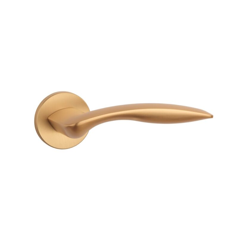 Tev Handles offers the Robinia on Round Rosette by Aprile, a matt gold luxury door handle designed to enhance modern indoor spaces and premium interiors.