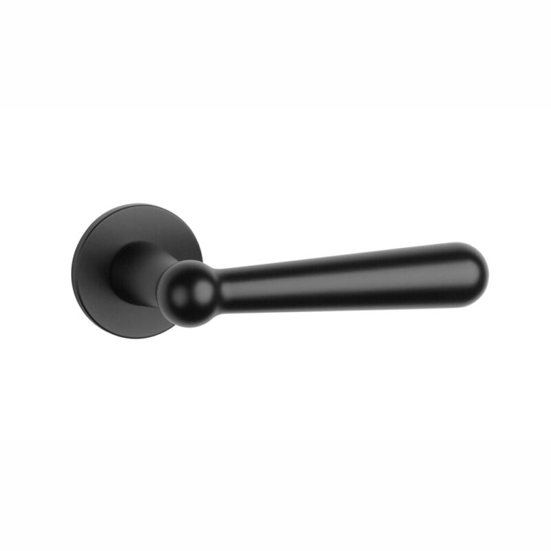 Tev Handles presents the Rosemary on Round Rosette by Aprile, a sleek, matt black, luxury door handle perfect for modern indoor spaces.