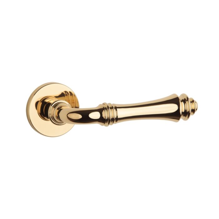 Elevate your interior design with the Camelia handle in polished gold. A luxury door handle perfect for premium indoor spaces.